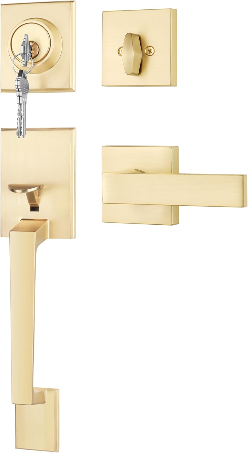 goldenwarm Front Door Handle and Deadbolt Set, Gold Front Door Lock Set with Reversible Handle Lever, Modern Front Door Hardware, Front Door Handles and Locks