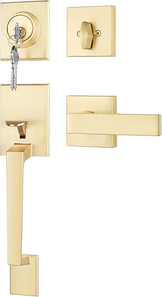 goldenwarm Front Door Handle and Deadbolt Set, Gold Front Door Lock Set with Reversible Handle Lever, Modern Front Door Hardware, Front Door Handles and Locks
