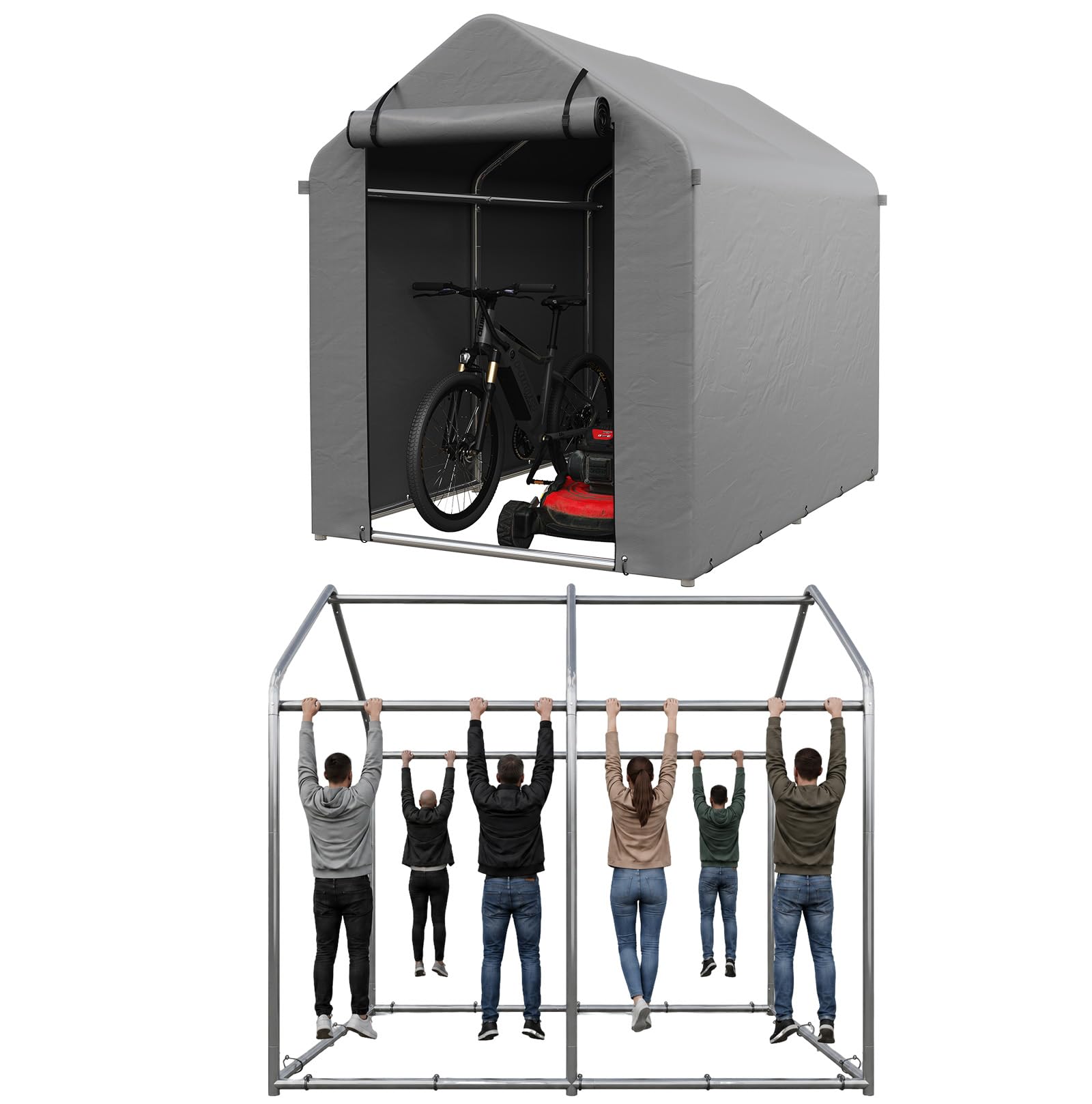 Aoxun 1,8 x 1,2M Aufbewahrungsschuppen für den Außenbereich, PE Gewebe, 3000mm wasserdichter Fahrradunterstand und Gartenaufbewahrungszelt, Carport mit Rolltor für Motorräder und Gartengeräte, grau