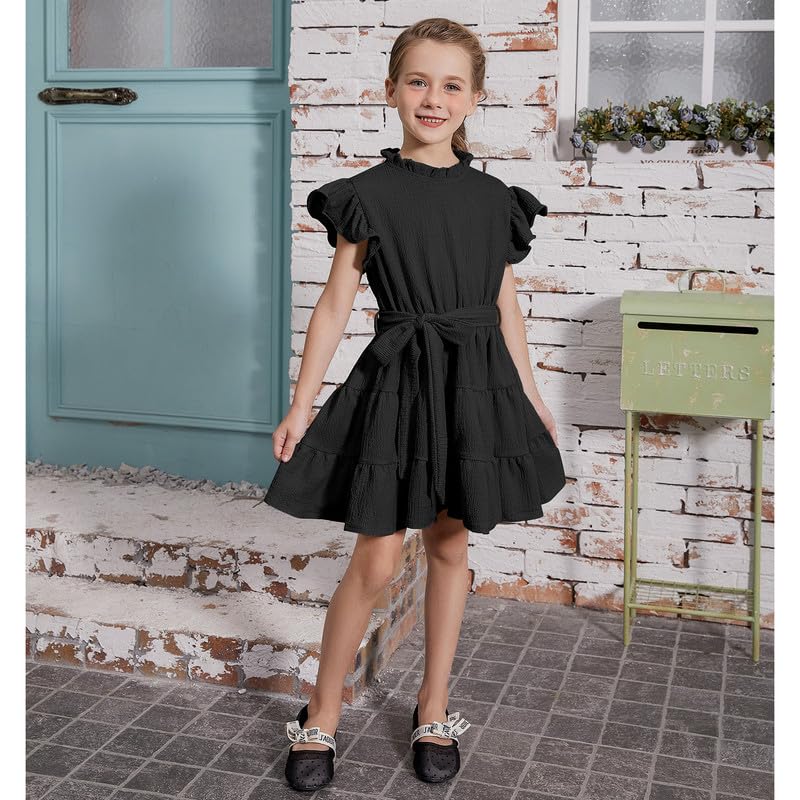 CHILDRENSTAR Girls Flutter Sleeve Dress Ruffle Tiered Formal Party Dresses Belted for Kids 3-13Y3