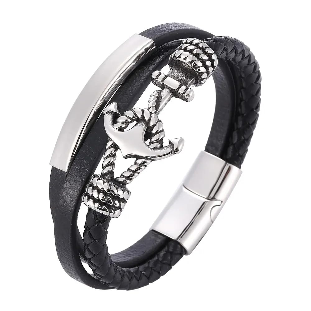 THE MEN THING NAUTICAL ANCHOR BLACK - Genuine Leather Multi-Layer Braided Bracelet with Stainless Steel Magnetic Buckle for Men & Boys (8 inch) (B0CZHX42XF) Amazon Price History, Amazon Price Tracker
