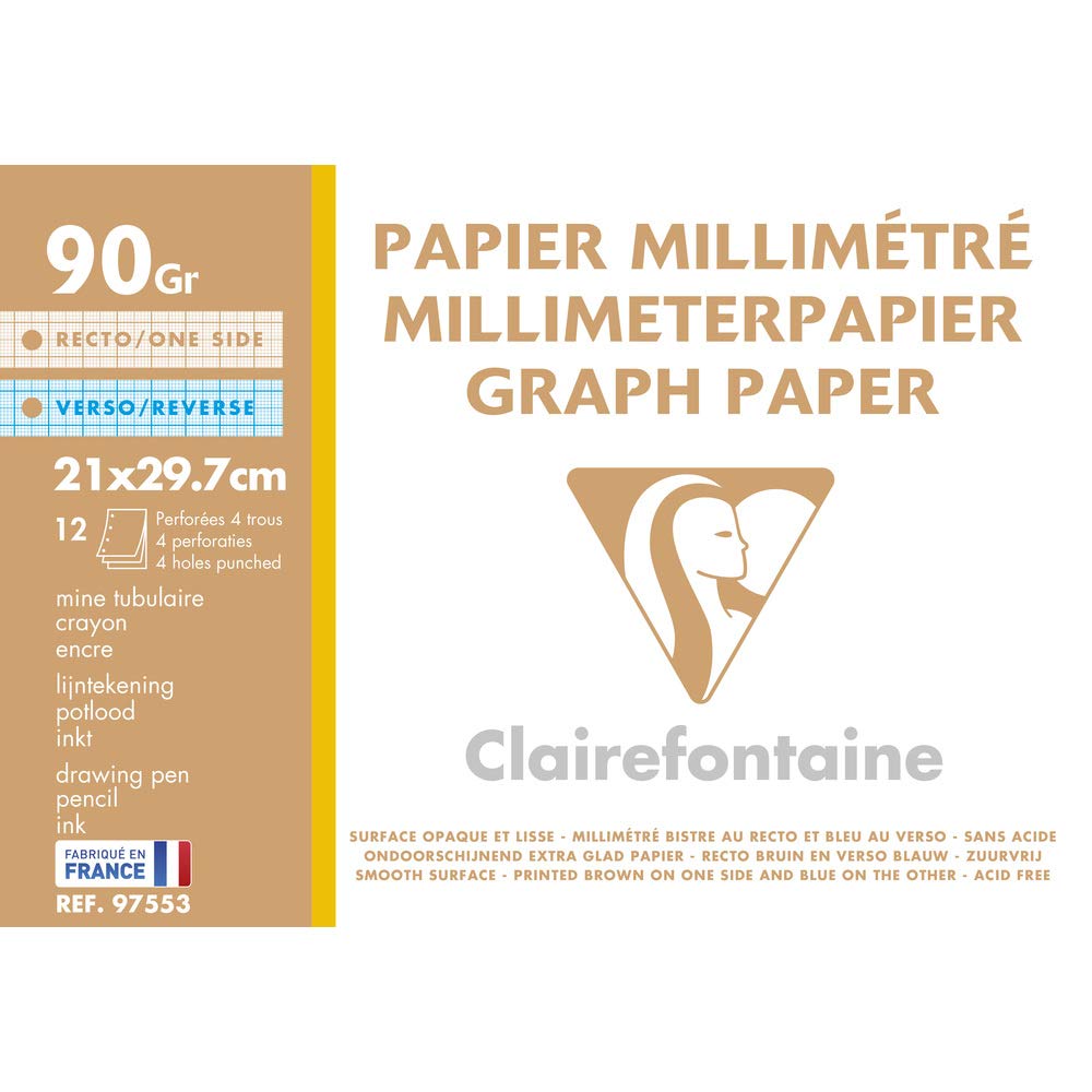 Clairefontaine - Ref 97553C - White Vellum Graph Paper (12 Sheets) - A4 (297 x 210mm) Sized, 90gsm Paper, Graph Rulings, Sepia Front & Blue Back, Smooth Surface