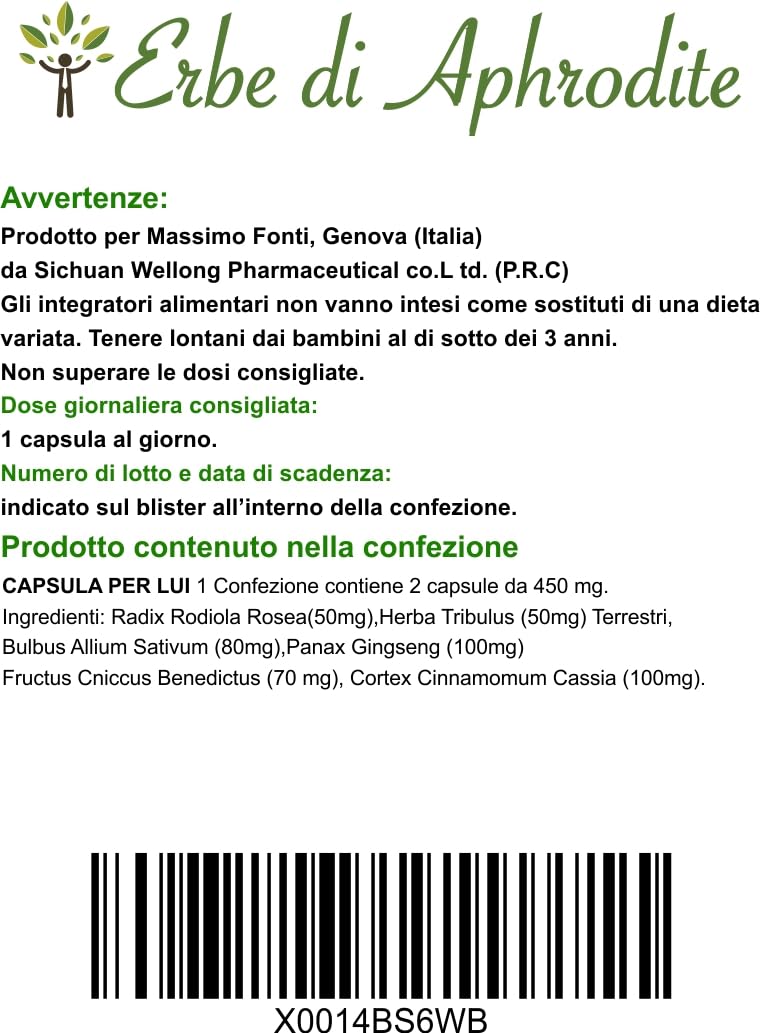 Erbe Di Aphrodite Integratore Uomo 100% Naturale Con Ginseng, Tribulus Terrestris, Rodiola Rosea, Aglio, Cannella – Formula Erboristica per Energia, Stanchezza, Vitalità, Vigore e Benessere Maschile