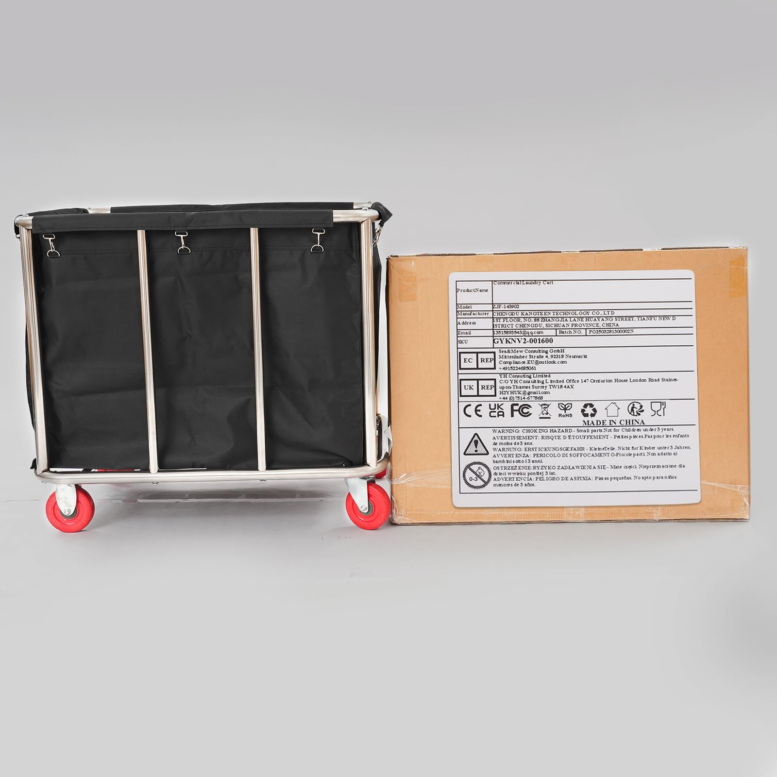 Carro para la colada, 90 x 65 x 80 cm, acero inoxidable, con ruedas, capacidad de carga de 200 kg, para hoteles, hospitales, lavandería (negro)