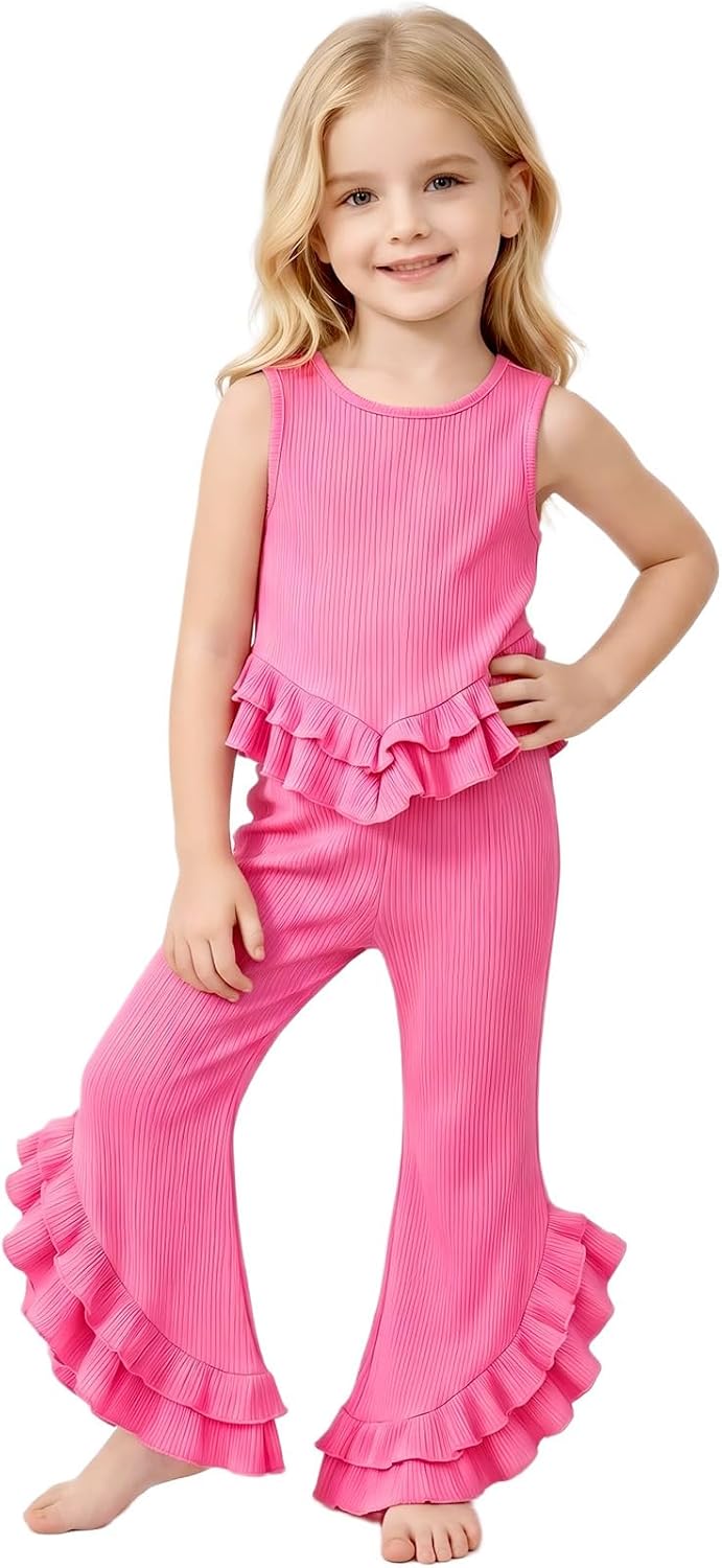 Girls 2 Piece Sleeveless Top and Long Pants Set | Frilly Side-Slit Flared Long Pants, Casual