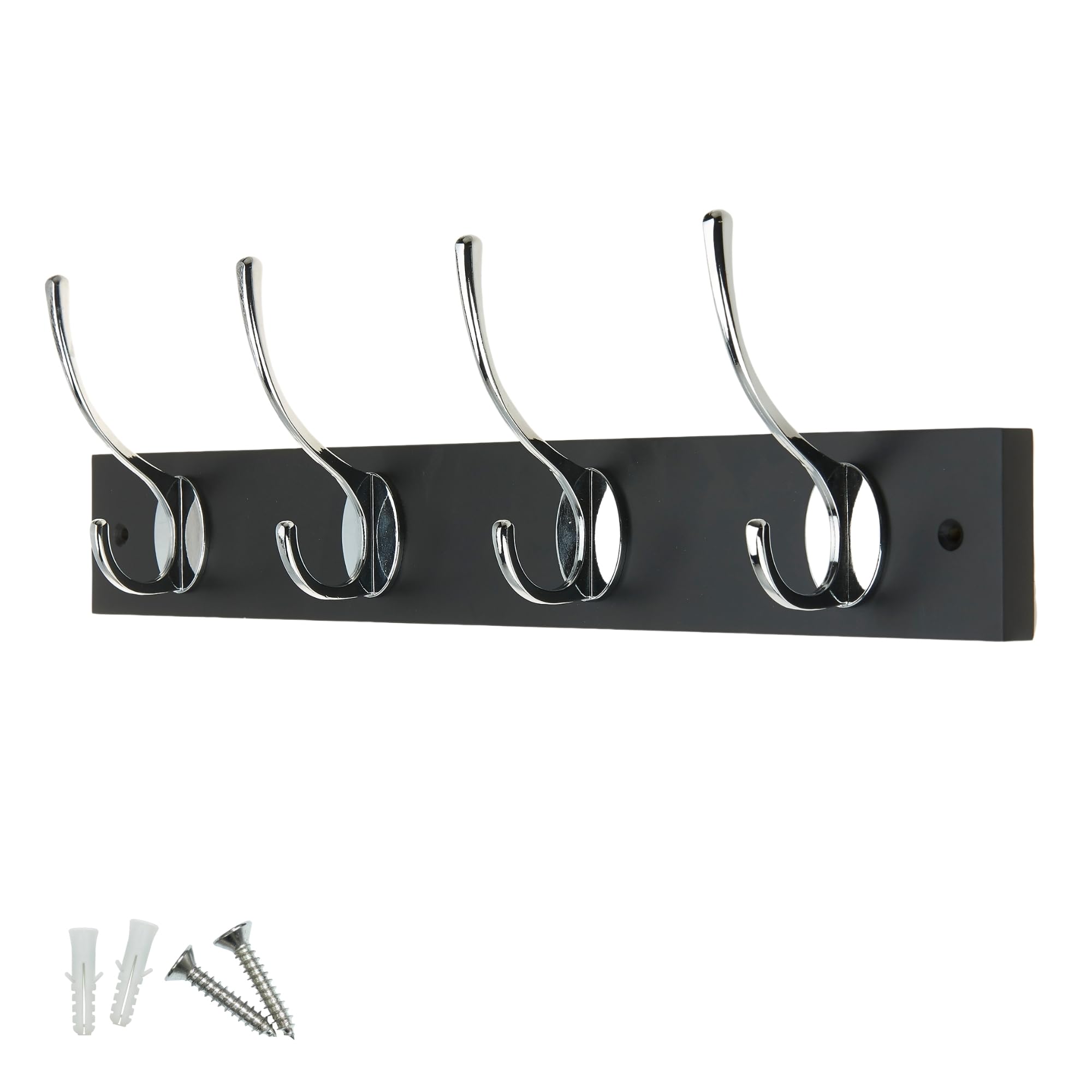 Keypak Black/Chrome 4 Hook Wooden Wall Mounted Coat Rack With 4 Victorian Hooks - Heavy Duty Wooden Board For Coats, Hats, Bags, Tools Space Saving Wall Storage Organiser, Fixings Included