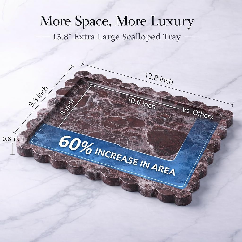 14" x 10" Large Genuine Rosso Levanto Scalloped Marble Tray, Pre-Sealed for Stain & Water Resistance, Luxury Decorative Trays for Vanity, Bathroom, Dresser, Coffee Table, Home Decor