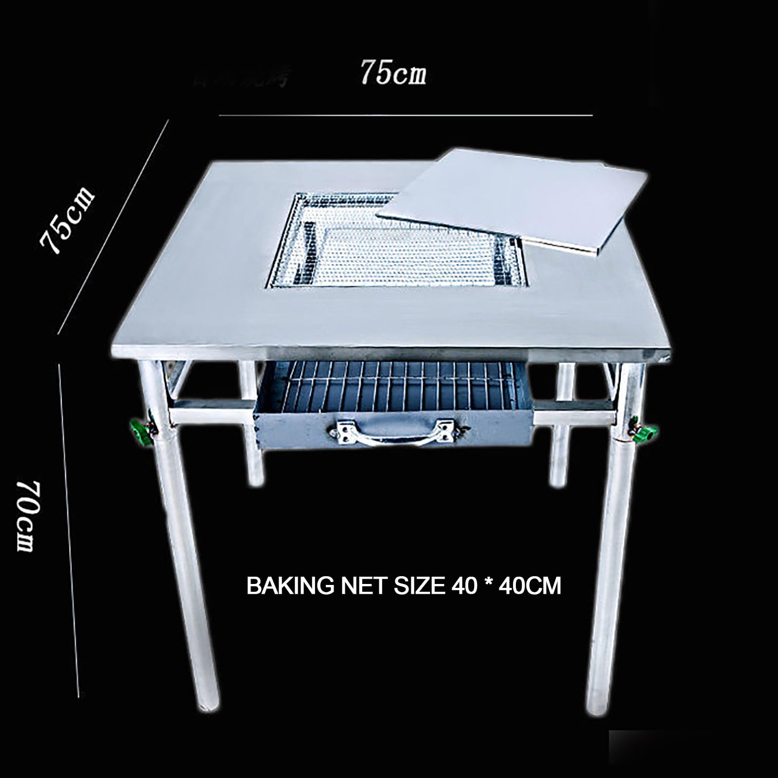gril charbon bois, grand espace rangement, cartouche charbon tiroir, détachable, hauteur réglable, facile transporter, matériau en acier inoxydable magnétique antiadhésif, pour cuisine plein air