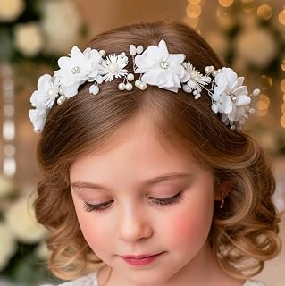 Campsis Flower Girl Headpiece, Pearl Floral Headband, White Communion Hair Accessory for Bridal