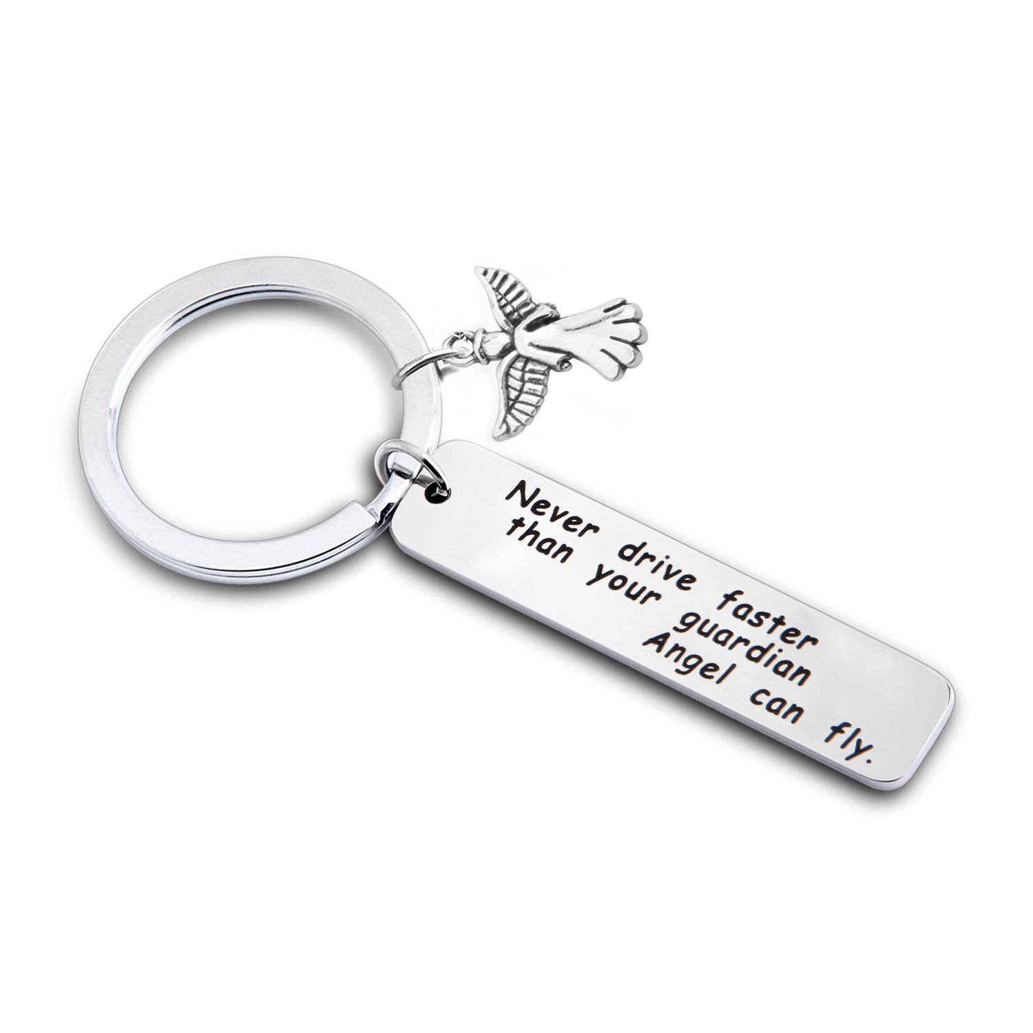 PLITI Never Drive Faster Than Your Guardian Angel Can Fly Keychain Guardian Angel New Driver Driving License Key Chain (ECI Never drive)