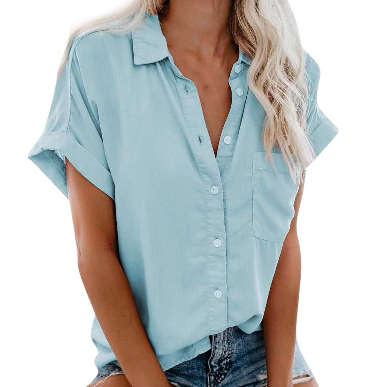CeboyelWomens Cotton Linen Button Down Shirts Short Sleeve Summer Tops Dressy Casual Collared Cute Ladies Work Blouses