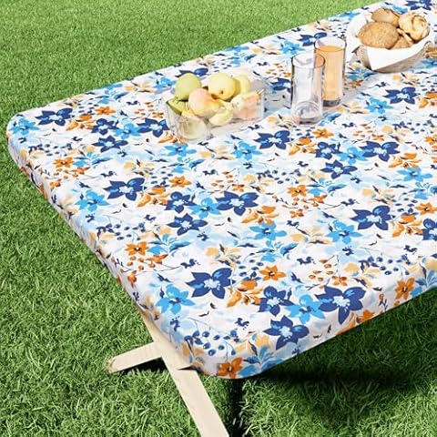 homing Rectangle Printed Fabric Tablecloth, Elastic Fitted Table Cloth for 6 Foot Table, Washable Polyester Table Cover for Outdoor, Picnic, Camping and Indoor, (Blooming Flowers, 30" x 72") Cover