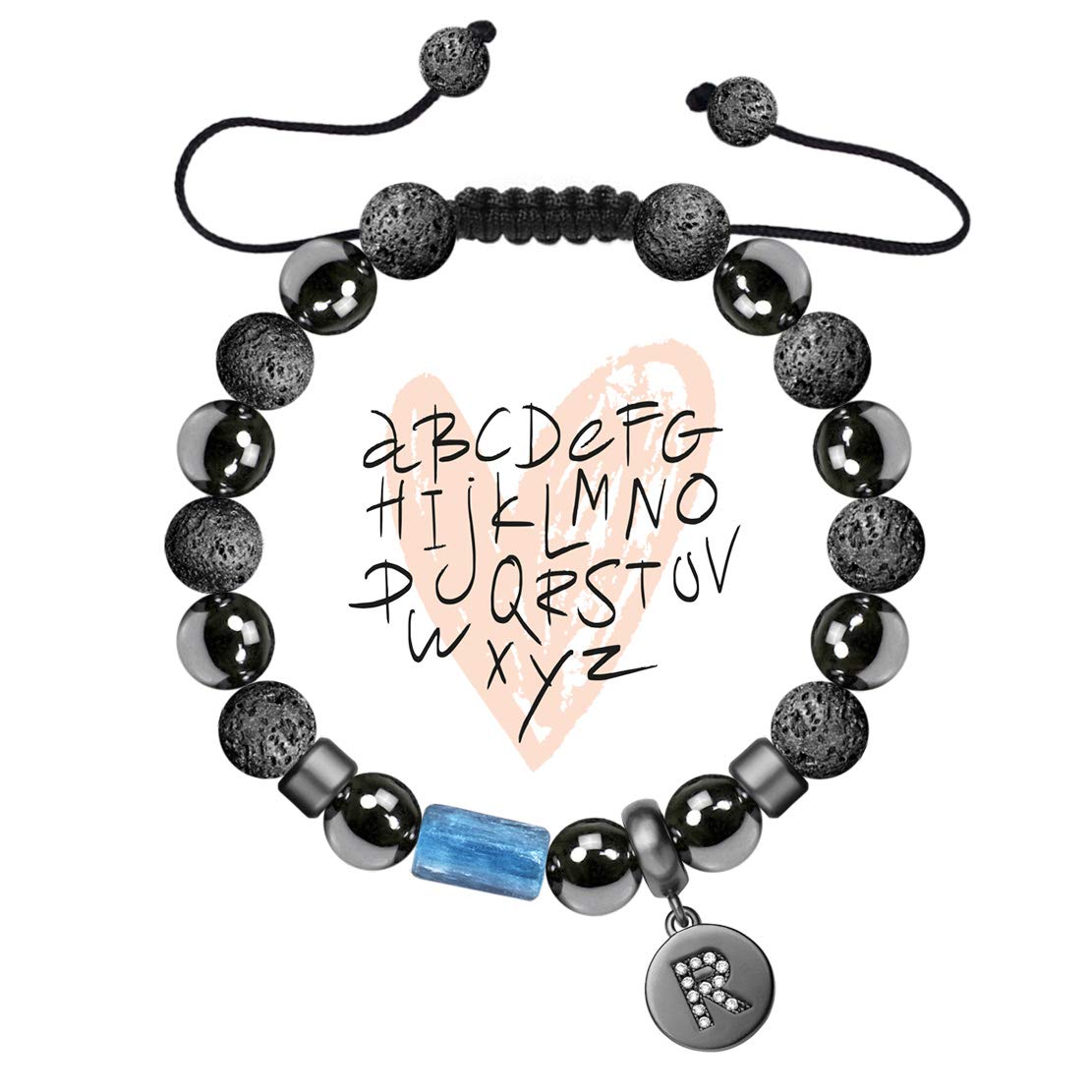 Karseer Crystal Initial Anxiety Gemstone Bracelet for Women Men, Asymmetric Design Letter Charm Hematite Magnetic Balance Lava Rock Essential Oil Diffuser Bracelet, Adjustable, Unisex