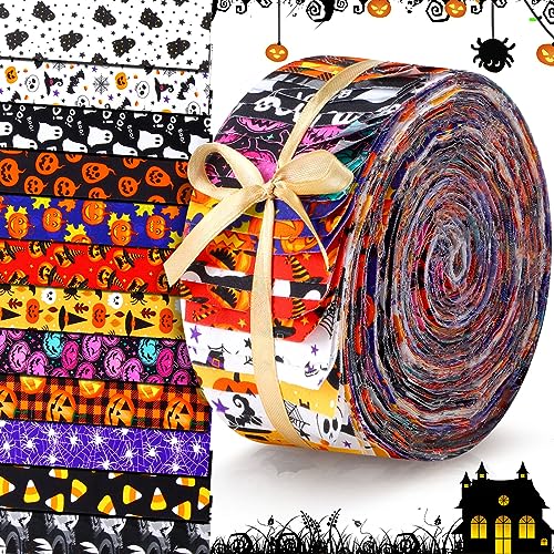 Ganeen 60 Pcs Cotton Jelly Halloween Fabric Roll Pumpkin Ghost Fabric Strips Halloween Quilting Roll for Quilting Cloth Patchwork Sewing DIY Craft, 12 Styles