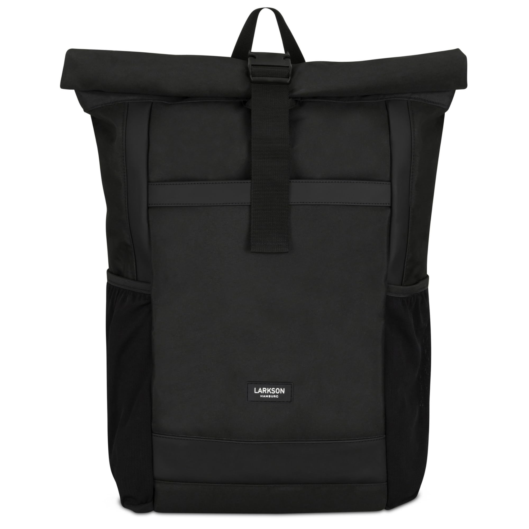 LARKSON Mochila Enrollable Hombre & Mujer Negro - No 2 - Macuto para Viaje, Uni, Trabajo - de Botellas Pet Recicladas - Bolso para Portátil 16 Pulgadas - Impermeable