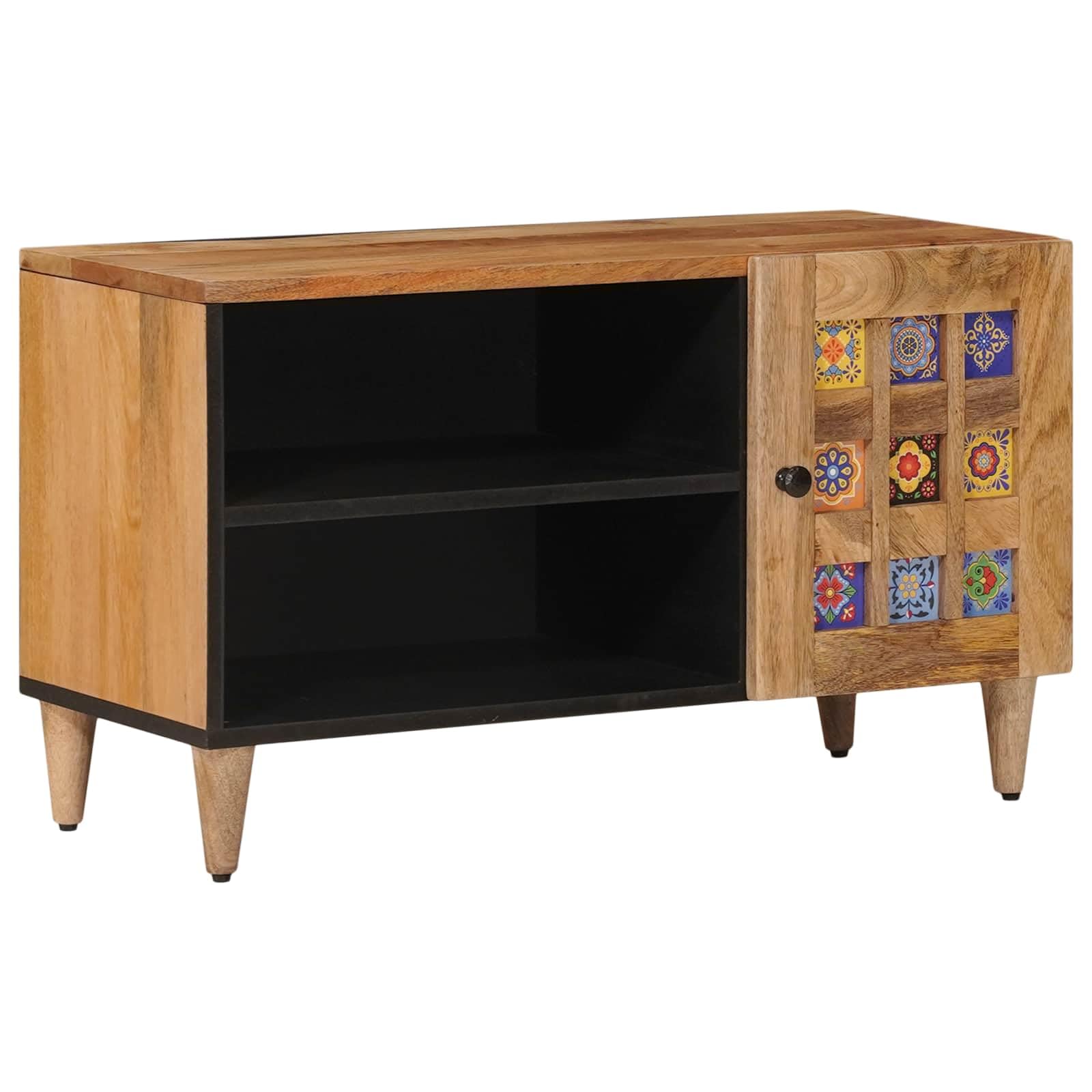 Mueble TV de madera de mango macizo natural, 80 x 33 x 46 cm con puertas