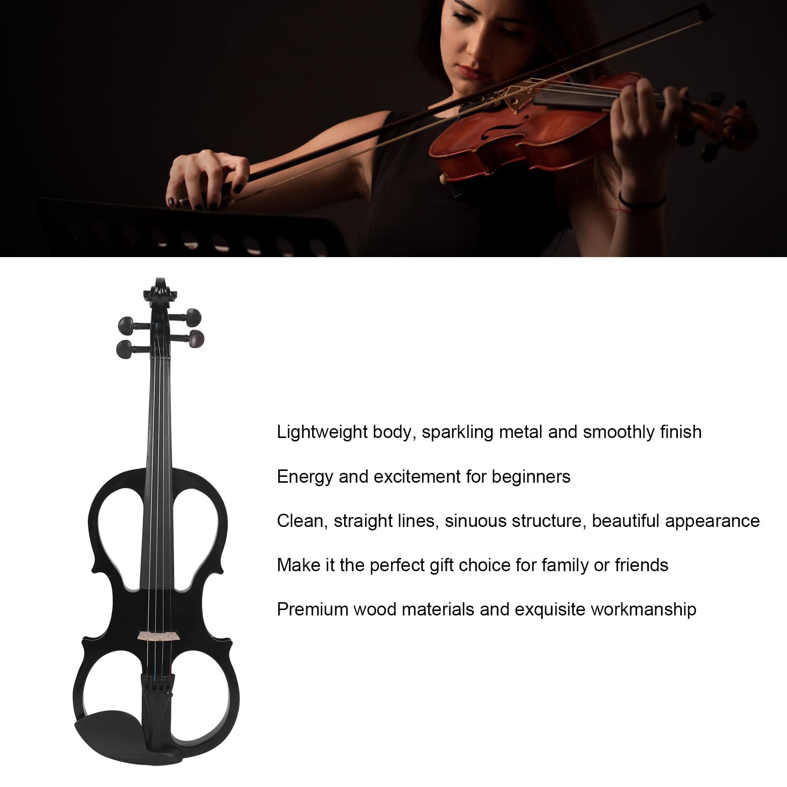 Violino Elettrico Set Professionale 4/4 Musica Silenziosa Performance Violino Per Studenti Adulti (BLACK)