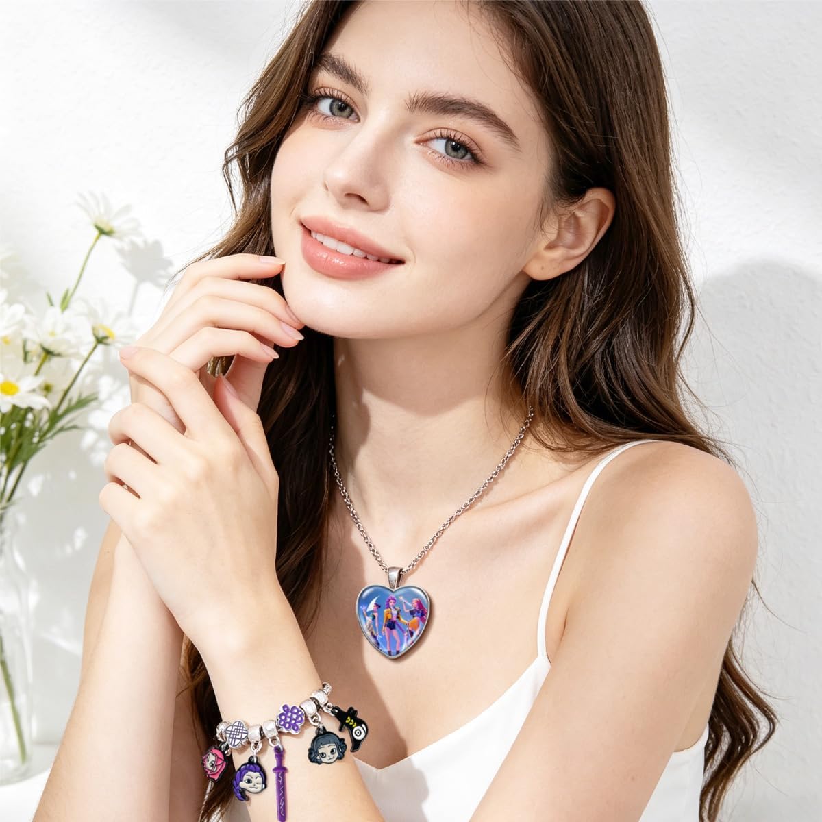 Kpop Charm Bracelet Merch Gifts, Adjustable Cartoon Bangle and Necklace Jewelry Set for Fans Women Christmas Birthday