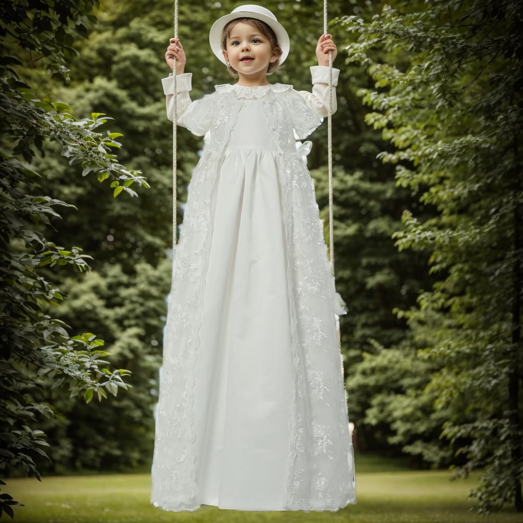 CAMDOM Baby Lange Taufe Kleider 3pcs Weiße Spitze Taufe Kleid Anzug mit Mütze