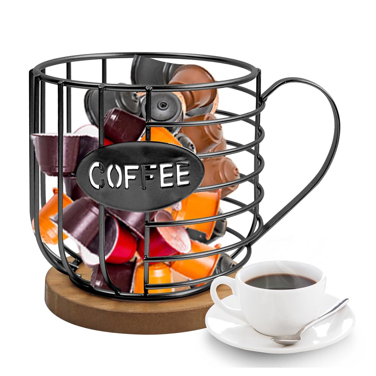 Sarini Organizer per cialde da caffè, Porta Capsule da caffè, Grande capacità, Cestino portaoggetti in Filo Nero con Base in Legno per Cucina e Ufficio