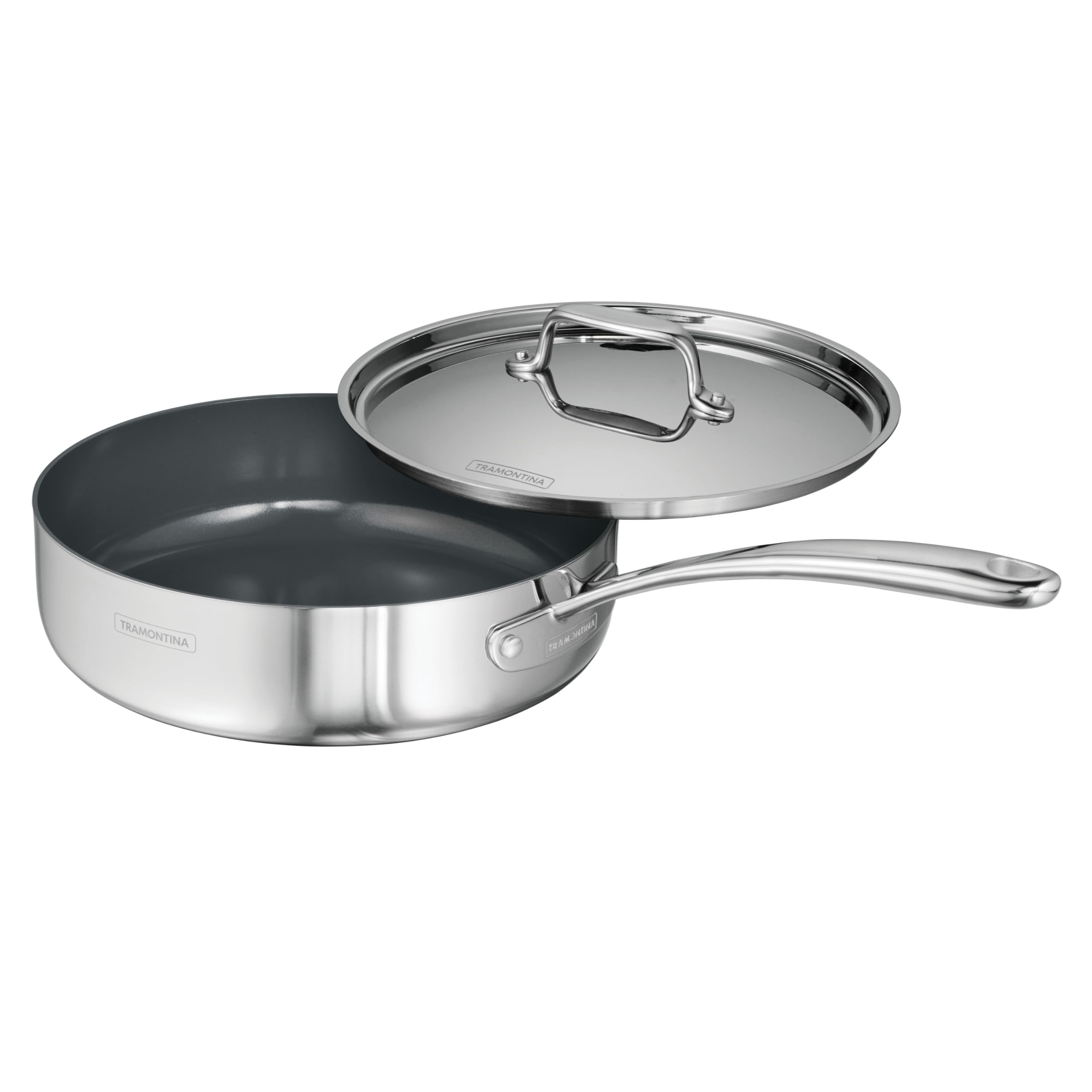 Utsava Tri-Ply Clad Stainless Steel 2.9-Quart Saute Pan with Lid | Ceramic Non Stick Interior, Induction-Ready Cooking Pan