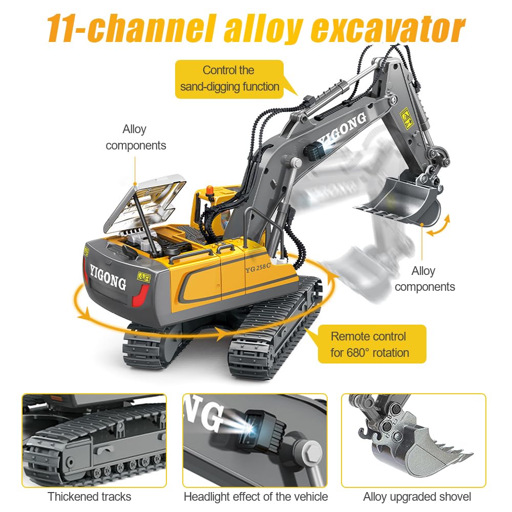 Excavadora de Control Remoto, 2,4 GHz Juguete Excavadora Teledirigido, Excavadoras Teledirigida para Niños, Rotación de 680°, 11 Canales, Sonido y Luz, para Niños y Niñas Mayores de 3 Años