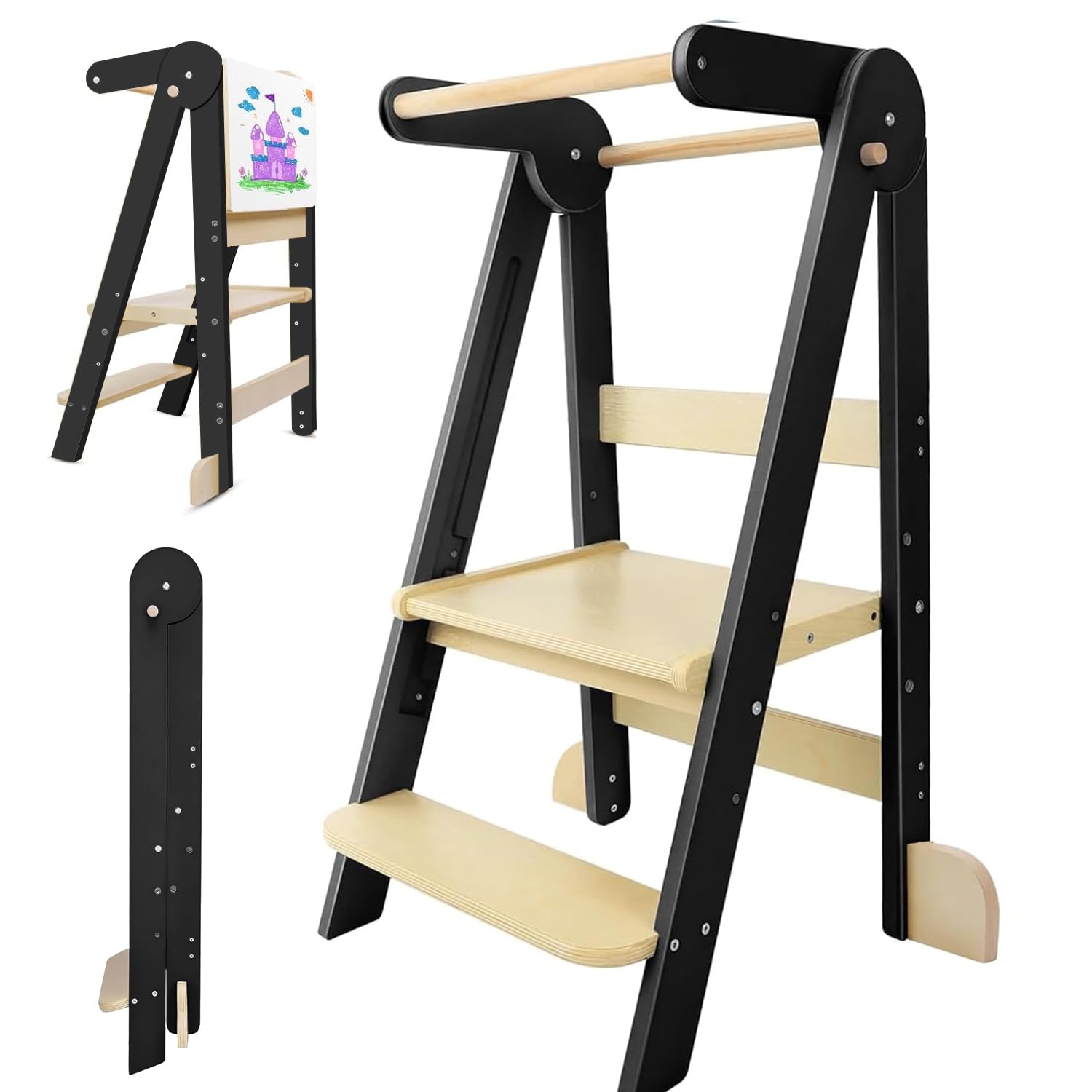 Foldable Toddler Kitchen Tower, Baby Montessori Kitchen Tower with Safety Rail, Kids Wooden Adjustable Learning Step Stool (Black)
