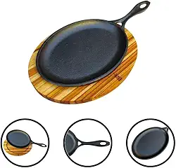 Frigideira Oval De Ferro Fundido Com Suporte De Madeira Para Fogão A Lenha Ou A Gás Mesa Posta Preparar E Servir Carne Batata Petisco Porção Massa Bifeteira Panela Antiaderente Gourmet Restaurante