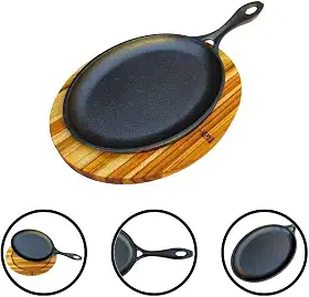 Frigideira Oval De Ferro Fundido Com Suporte De Madeira Para Fogão A Lenha Ou A Gás Mesa Posta Preparar E Servir Carne Batata Petisco Porção Massa Bifeteira Panela Antiaderente Gourmet Restaurante