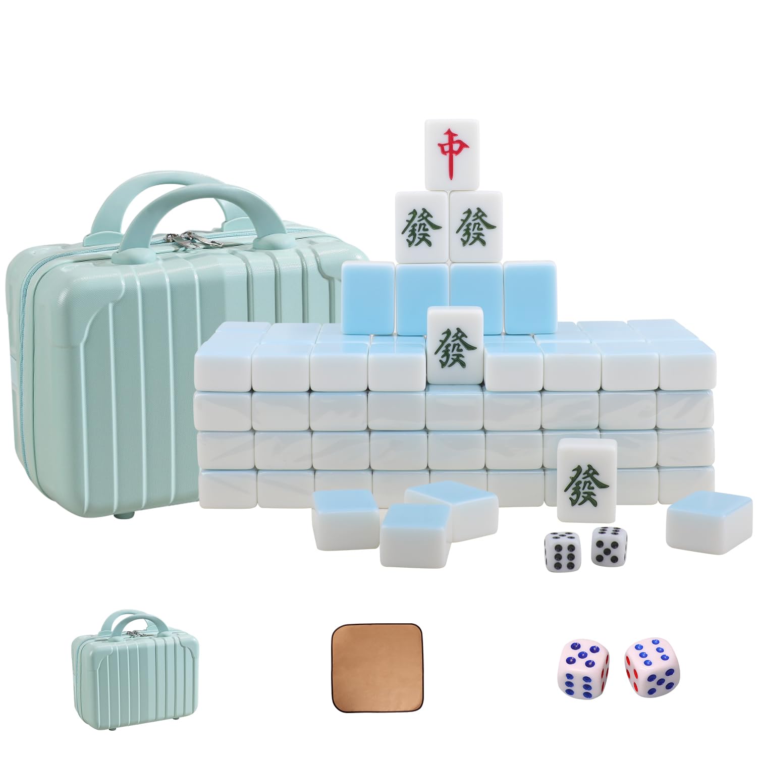 VPH Extra-Large Chinese Mahjong Set, with 144 Tiles in Gradient Blue Color, Including a Travel Case and a Tablecloth.