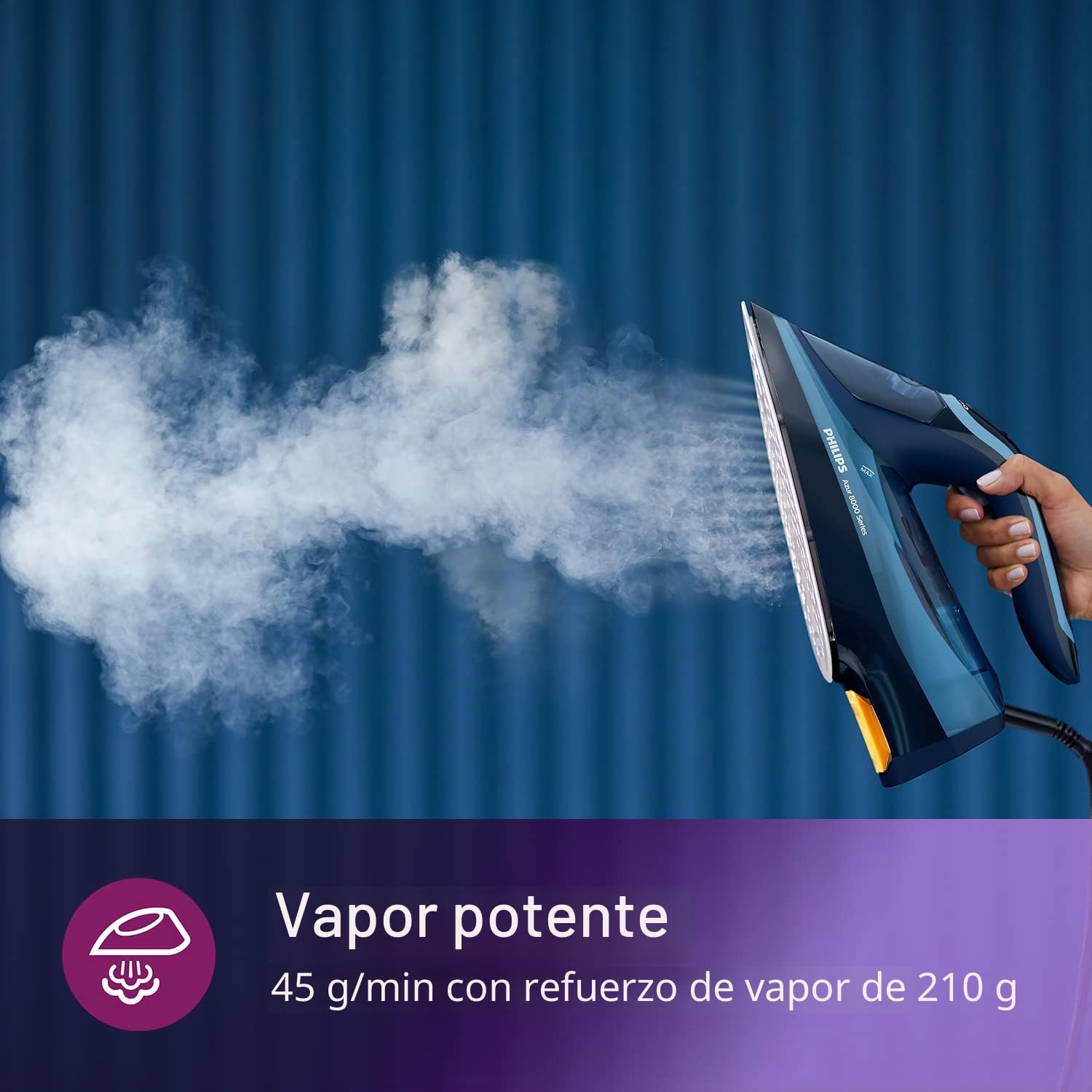 Philips Azur 8000 Series Plancha de vapor continuo 45 g/min Aumento de vapor 210g, 2400 W, OptimalTEMP Technology, SteamGlide Elite, azul claro (DST8020/21)