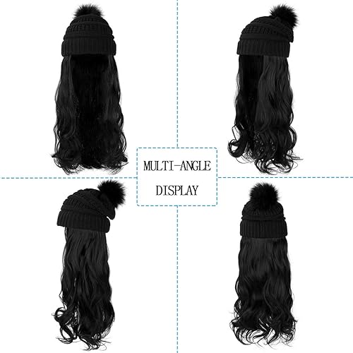 Miniatura 9 de Qlenkay Gorro con extensiones de cabello largo ondulado y rizado, gorra negra de punto, peluca sintética de 20 pulgadas, postizo desmontable, pompón