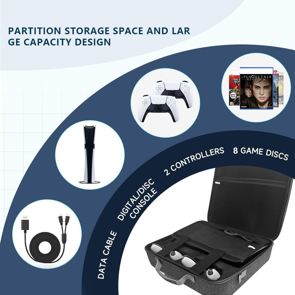 Generico Custodia a guscio rigido per PS5 Pro, custodia protettiva da viaggio di grande capacità console per PS5 Pro, controller e dischi di gioco (Nero)