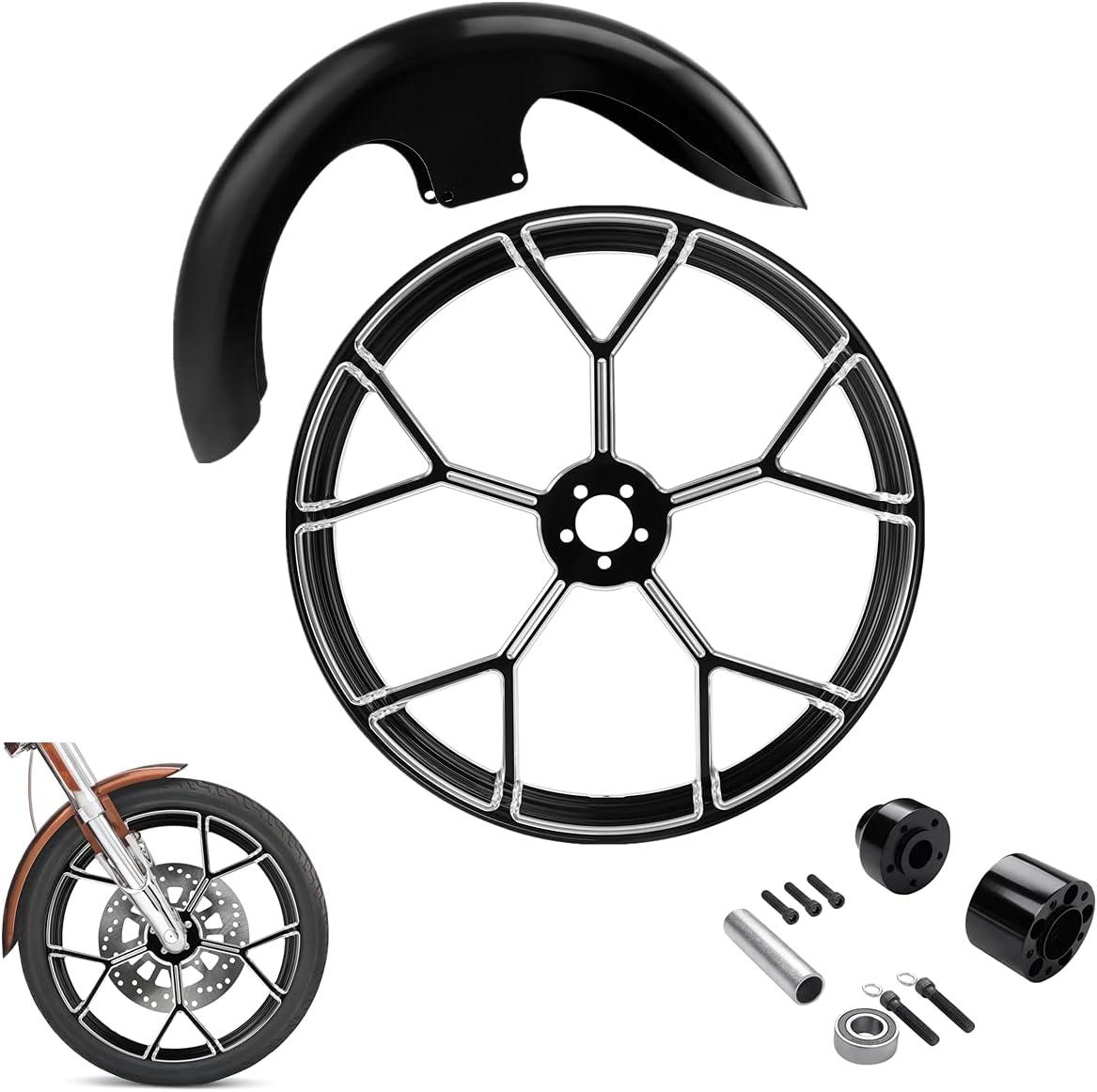 TCMT 23" Front Wheel Rim Single Disc Flange Wheel Hub Front Fender Fit For Harley Touring Non-ABS/ABS Models Road King Electra Street Road Glide Ultra Limited 1997-2013