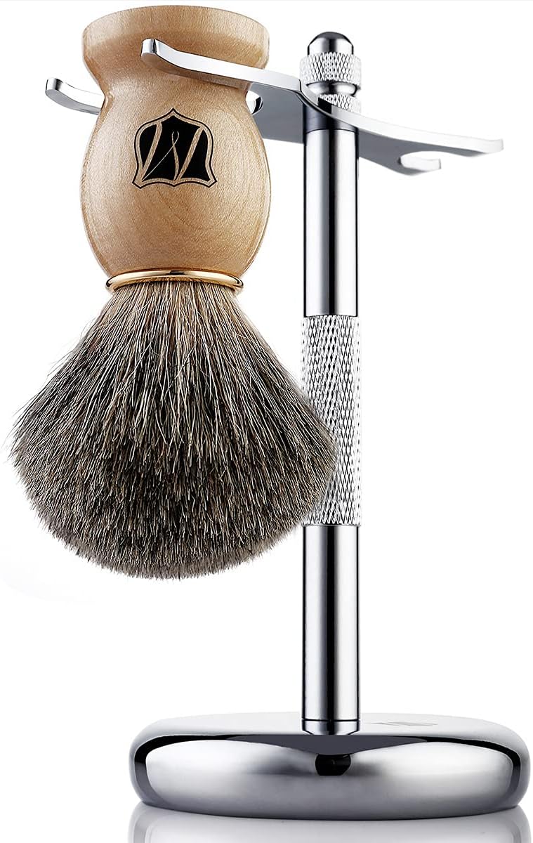 Miusco Natural Badger Hair Wet Shaving Brush and Shaving Stand Set, Chrome, Silver, Compatible with Safety Razor, Cartridge Razor and Disposable Razor