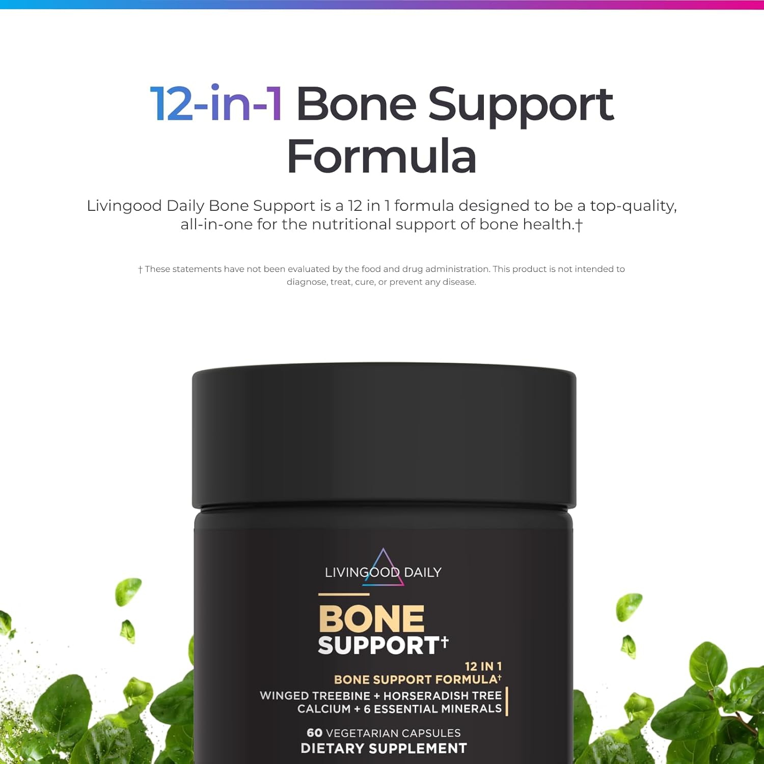 Livingood Daily Calcium Supplement for Women and Men, Bone Support with Vitamin C, Vitamin D3 K2, Magnesium, Zinc, Calcium, Vegetarian Capsules, Non GMO, Gluten Free, 60 Count