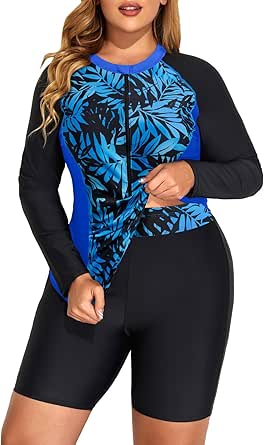 Daci Women 2 Piece Plus Size Long Sleeve Rash Guard Bathing Suit Zip Front Athletic Boy Shorts Tankini Swimsuits UPF 50