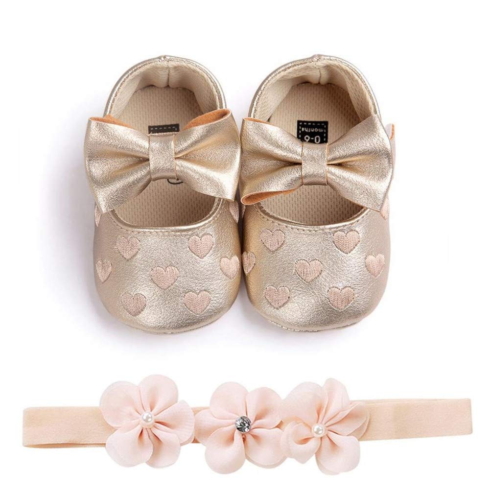 EDOTON 2 szt. buty dla małych dzieci + opaska na czoło dla dziewczynek, miękkie buty antypoślizgowe na specjalne okazje, chrzest, wesele, imprezy okolicznościowe, - A z?oto - 19 EU