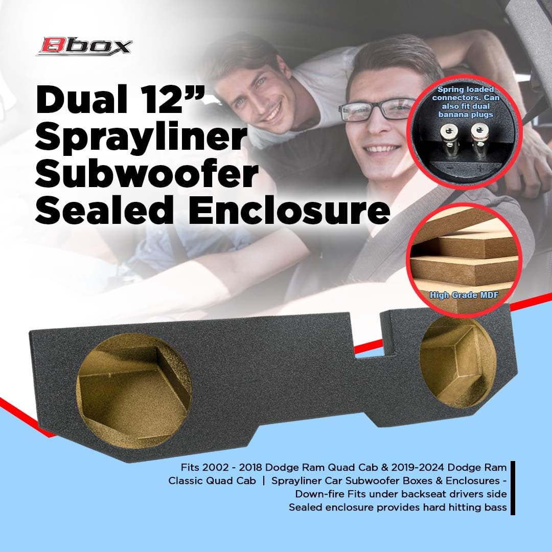 Atrend Bbox Dual 12 Inch Sprayliner Subwoofer Sealed Enclosure - Fits 2002 - 2018 Dodge Ram Quad Cab - Sprayliner Car Subwoofer Boxes & Enclosures - Subwoofer Box Audio Quality, Sound and Bass
