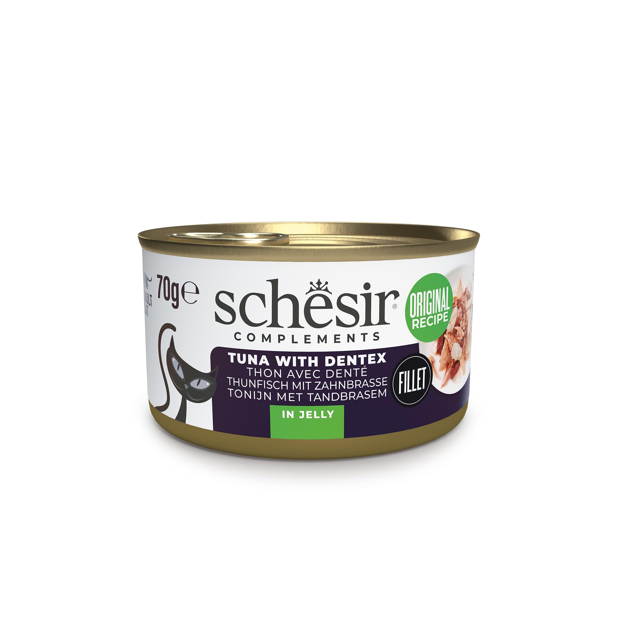 Schesir, Filetes de Atún con Merluza en Gelatina, Comida Húmeda Complementaria para Gatos, en Latas, Receta Original, 100% Natural, 12 x 70g
