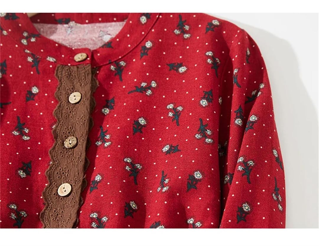 Vestido de retazos con estampado floral para mujer, de manga larga, cuello redondo, con cordón, casual, vestido midi, café, XXL