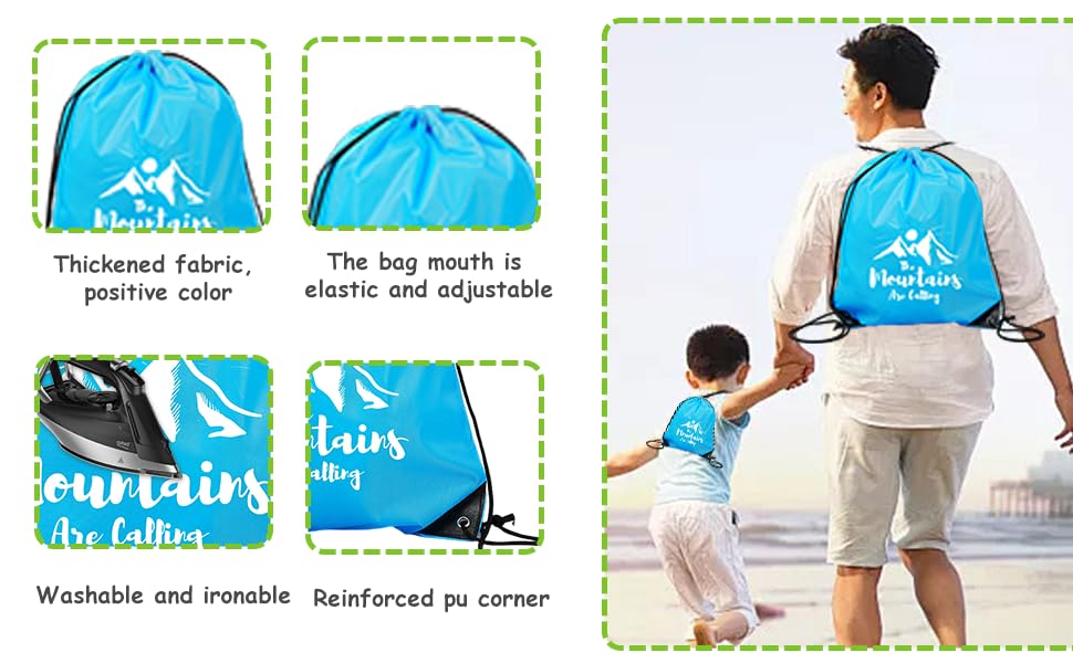 6 Pack Thickened Material Drawstring Bags for Hiking, “The Mountains Are Calling” Printed, Lightweight Nylon Gym Sackpacks, Portable Sports Backpacks for Travel, Blue drawstring backpack3