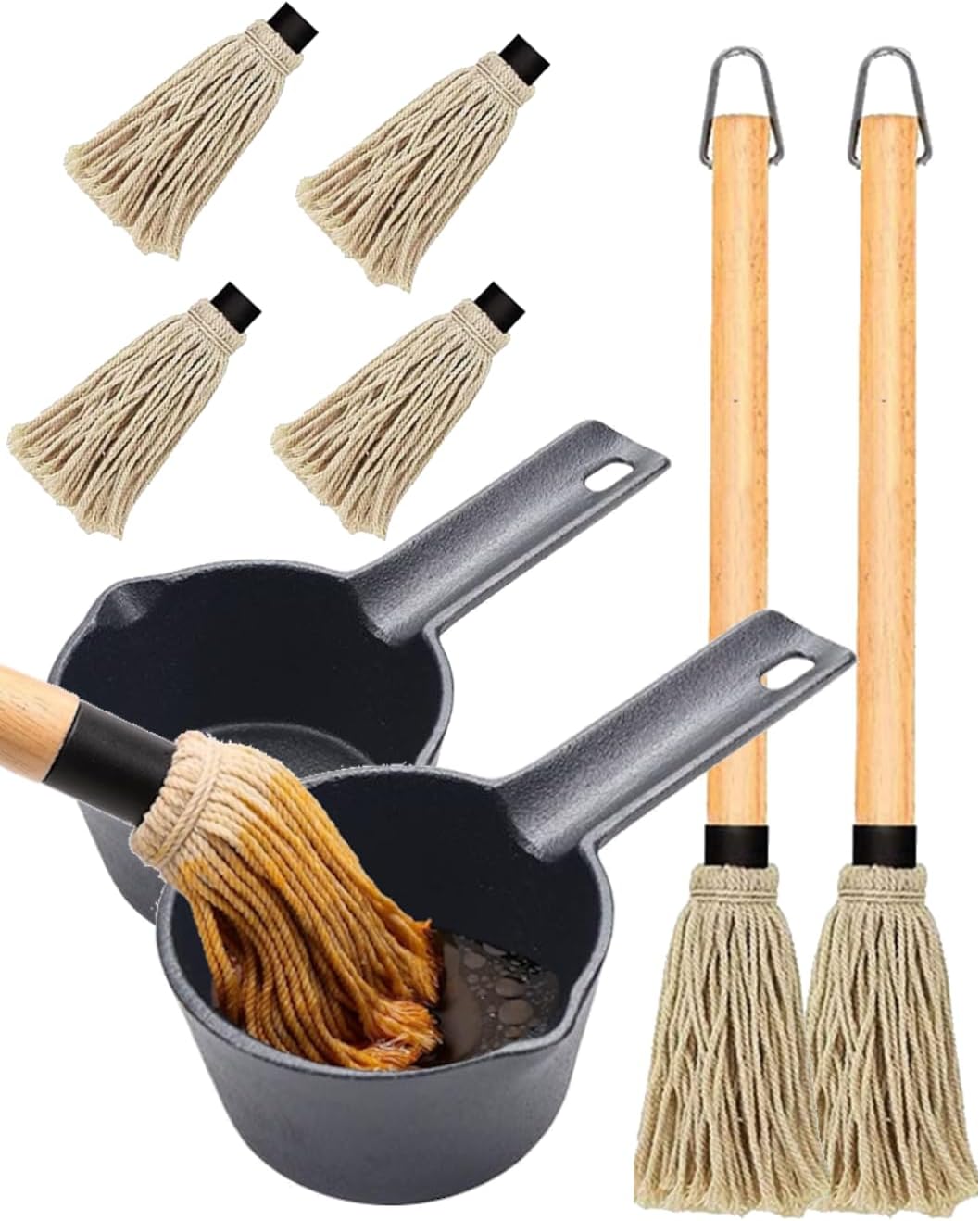 2x Cast Iron Sauce Pan Set - 2x 15oz Basting Pot with 18" BBQ Mop Brushes, Cast Iron Small Sauce Pots for Grilling, Melting, Camping Cooking & Stoves Butter Melter