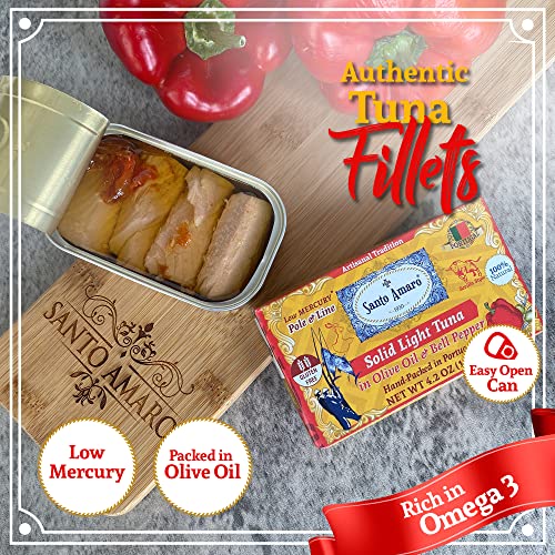Image of Santo Amaro - Artisanal Wild Tuna Fillets in Olive Oil & Red Bell Pepper, Pole & Line Caught Tuna from Portugal, Hand-Packed Sevilla-Style Canned Tuna Fish, 22g Protein, Keto, Low Mercury, Pack of 6