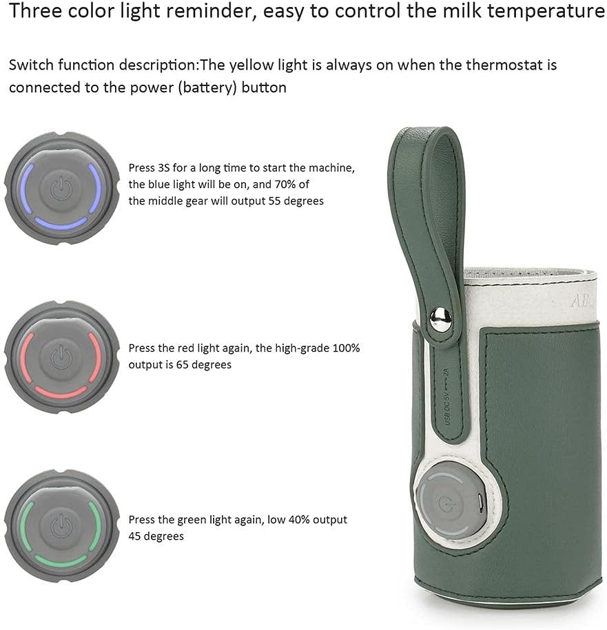 3 Temperature Adjustable Portable Baby Bottle Warmer, Portable Car Travel Bottle Warmer USB Milk Heat Keeper for Home and on The Go (Green)
