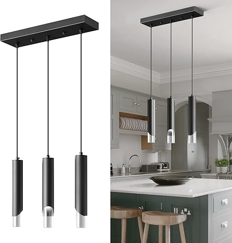 Lámpara colgante moderna de 3 luces, lámpara colgante de cocina, regulable, LED, comedor, negro, mini luces colgantes, iluminación colgante