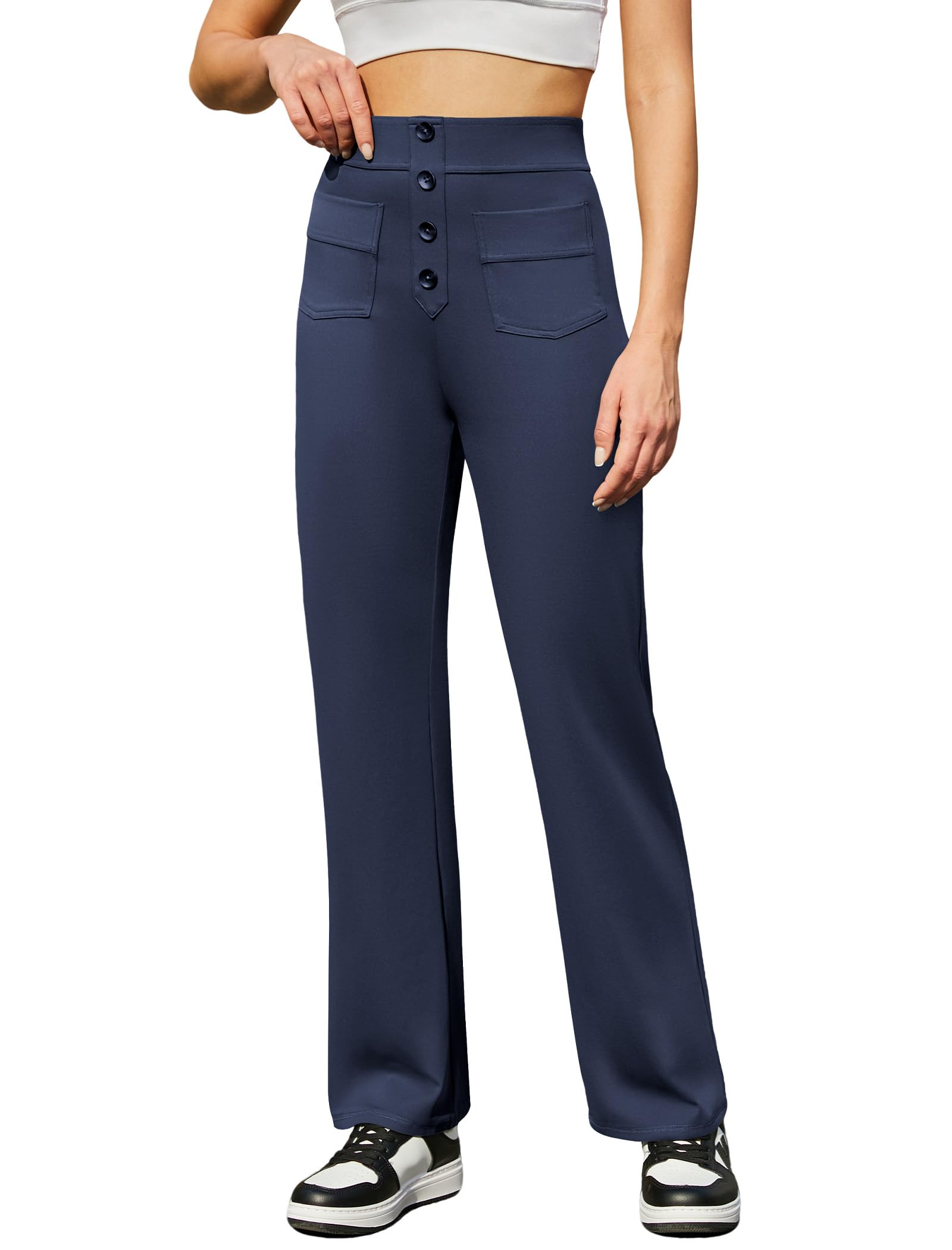 Friptspyg Hosen Damen Hohe Taille Freizeithose Stretch Hose mit Knopf Gerade Yogahose mit Taschen Elastische Hose Damen Weites Bein für Bewegung und Freizeit, Marineblau XS