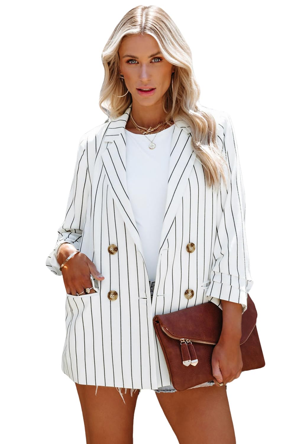 Women's White Pinstripe Blazer, Double-Button Front, Lightweight Structured Fabric, Notched Lapel, Smart-Casual Style for Office, Brunch Outings-image-25