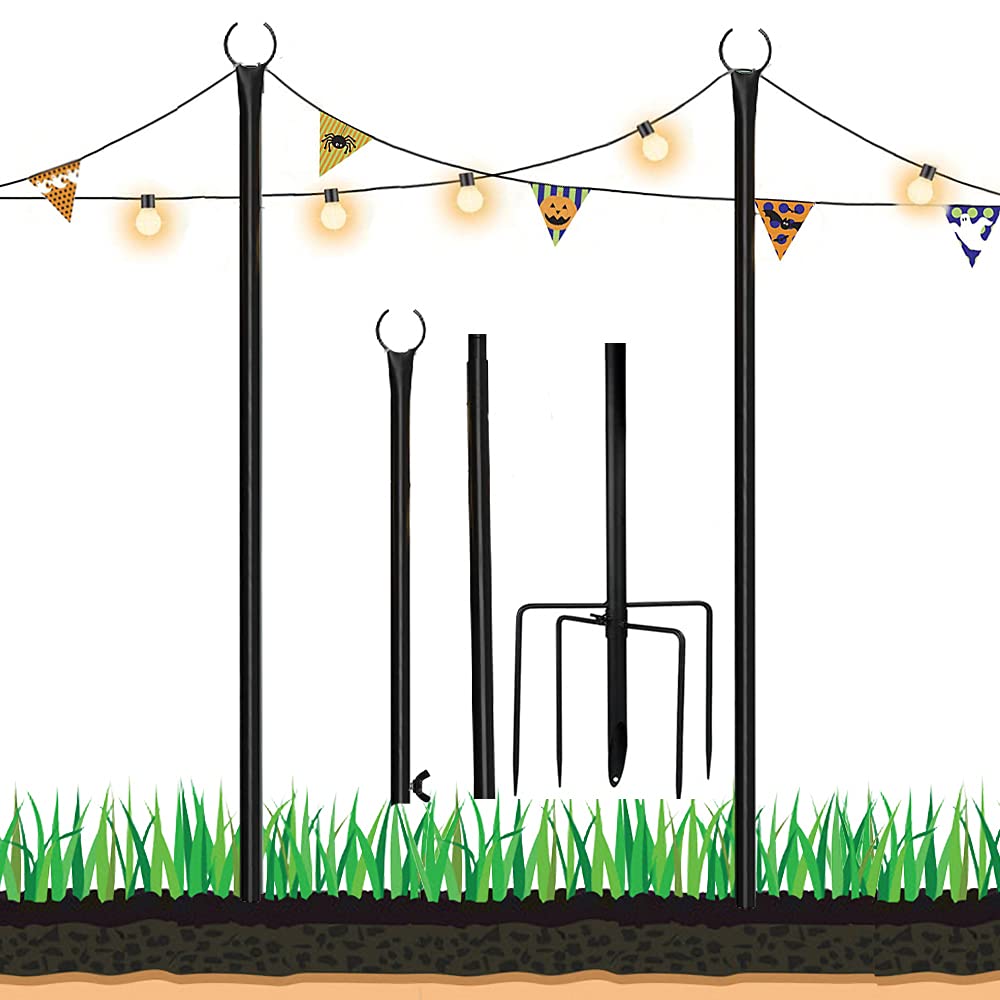 String Lights Poles for Outdoor, 5-Prong Fork Pole Stand, Heavy Duty Designed Outside Light Pole for Your Garden, Patio, Backyard, Wedding, Party, Birthday Decorations - Black