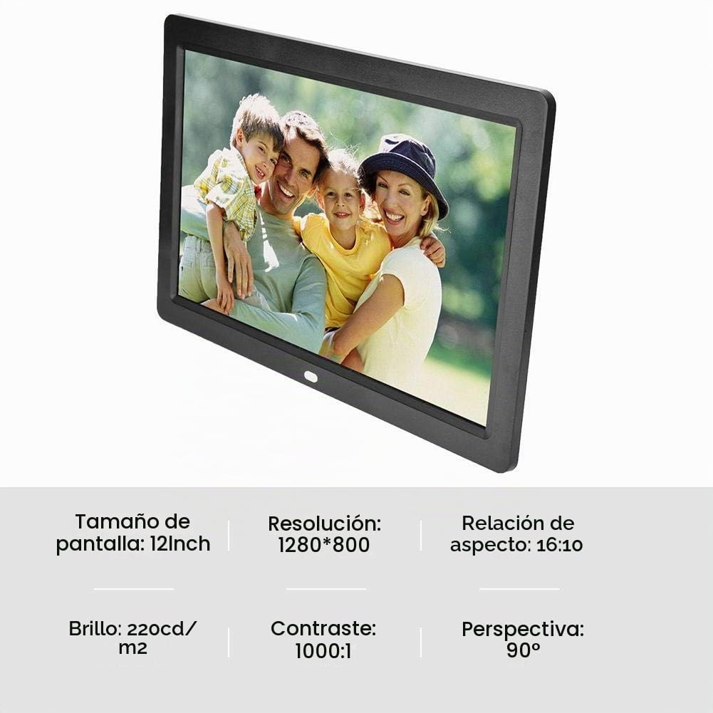Marco de Fotos Digital de 12 Pulgadas con Control Remoto, Pantalla LED HD de 1280x800 Marco de Fotos electrónico con Calendario de Alarma Encendido/Apagado automático(Negro)